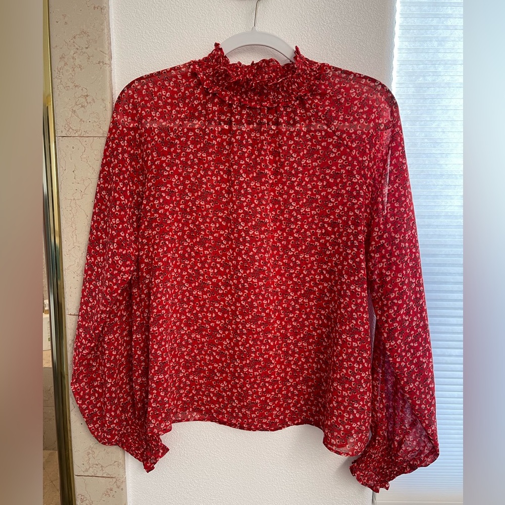 GAP Sheer Red Floral Blouse with Ruffled Neckline